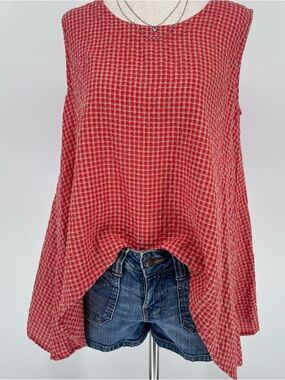 Orange Gingham Linen Tank Flowy Asymmetrical Hem Minimal Boho Summer Top